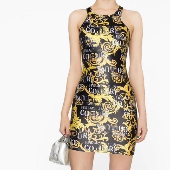NWT VERSACE Jeans Couture WOMEN Baroque Logo Print Mini Dress Black Gold - Picture 3 of 13